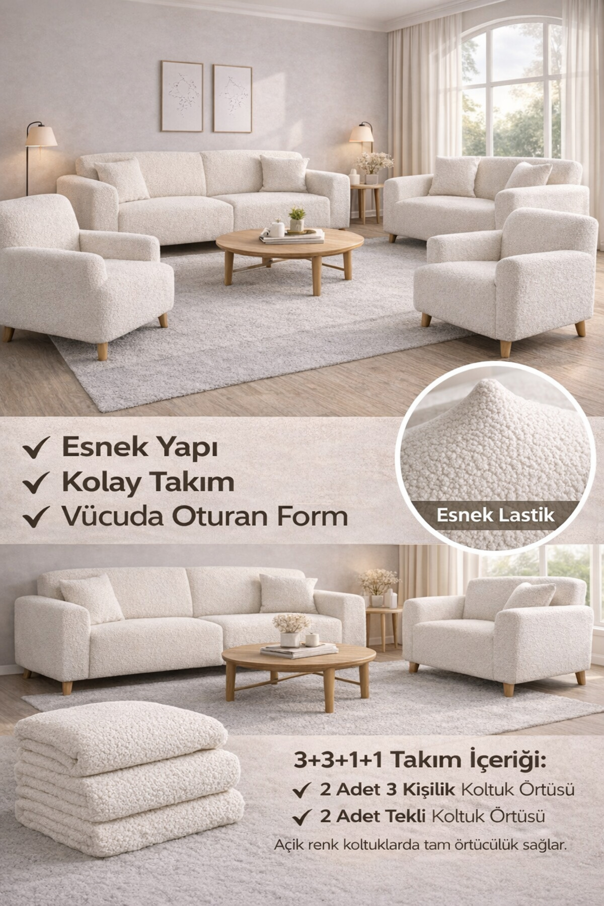 Bohemian Pattern Cream Elastic Seat Cover 3+3+1+1 Set | Elastic Seat Cover