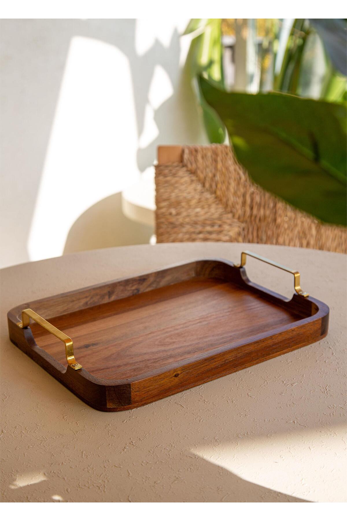 Natura Acacia Tray with Metal Sleeves 30x23 cm