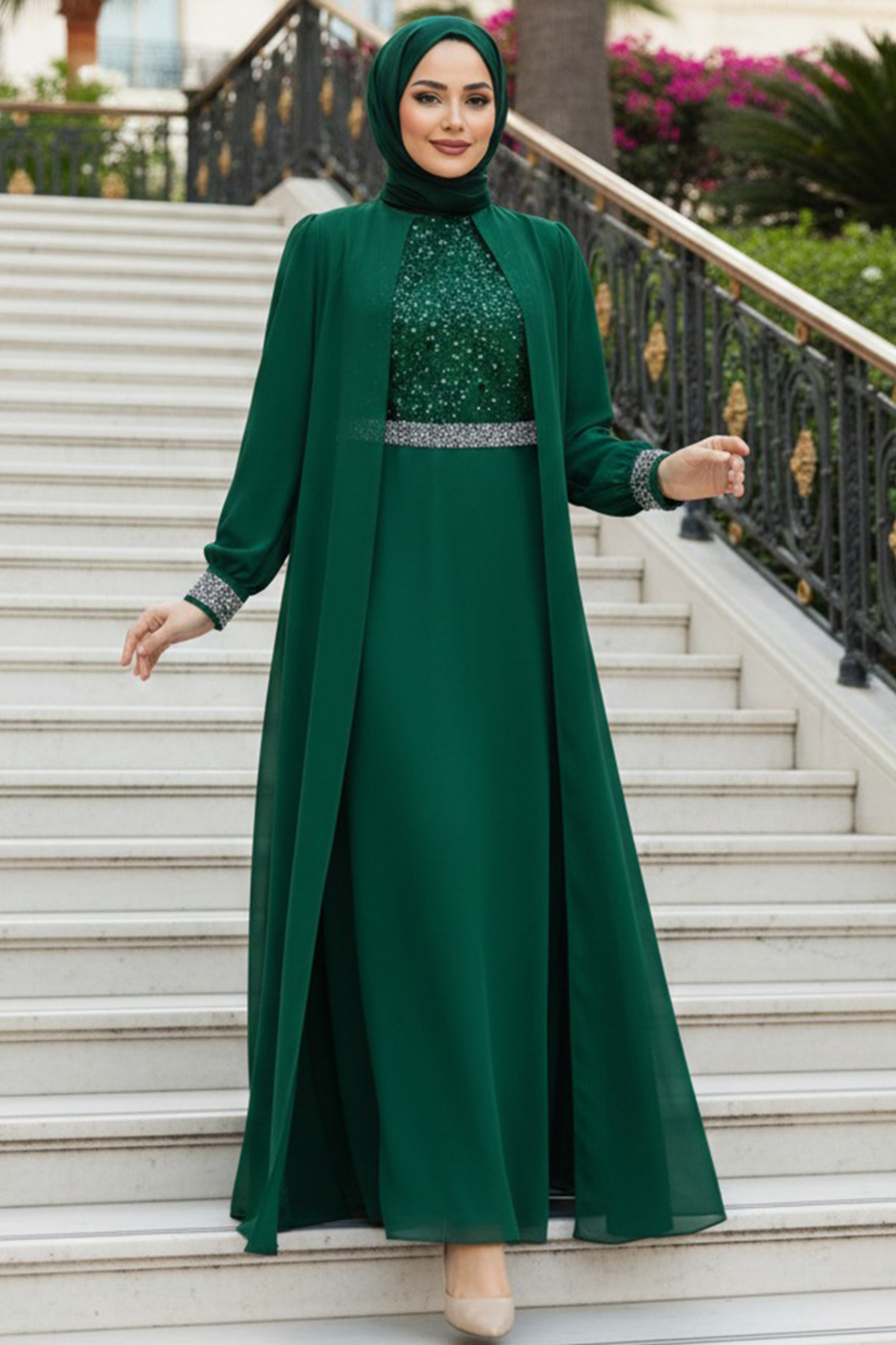 Neva Style Green Hijab Evening Dress with Cloak 25876Y- Trendyol