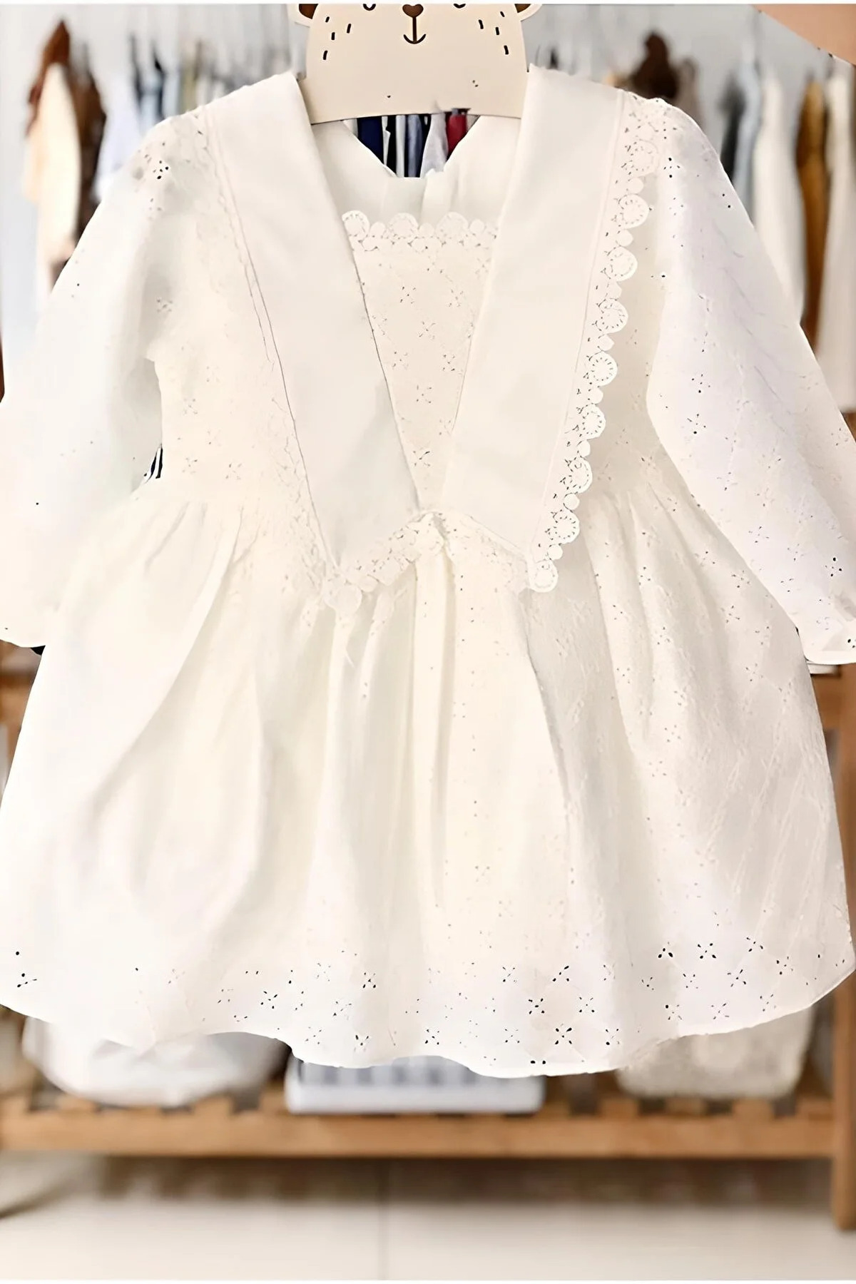 Bilge Trend Kız Bebek Çocuk, V Yakalı Beyaz Dantel Elbise, Doğum Günü, Düğün, Bayramlık, Parti Elbisesi fotoğrafı 2 (önizleme)