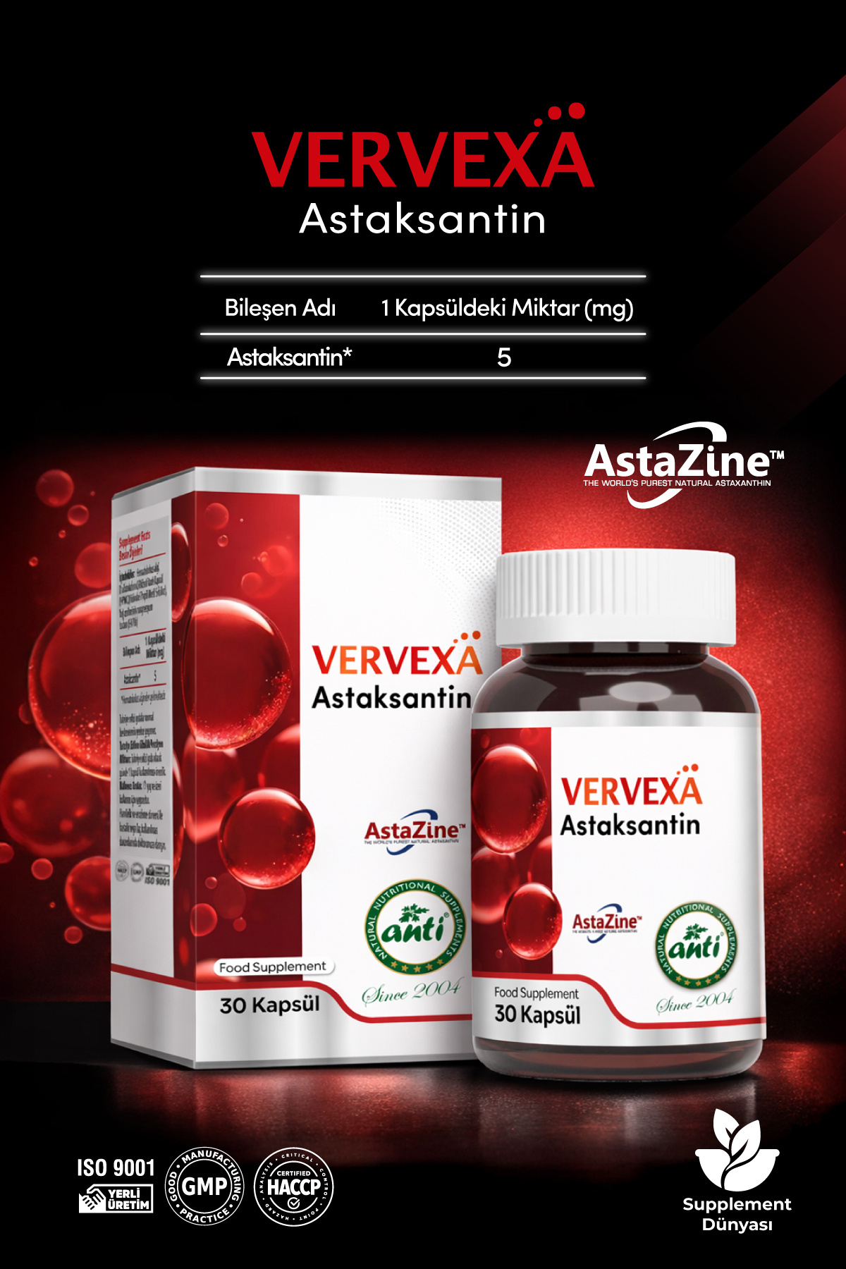 anti Vervexa Astaksantin 5 mg 30 Kapsül | Hematokokus Alg Kaynaklı