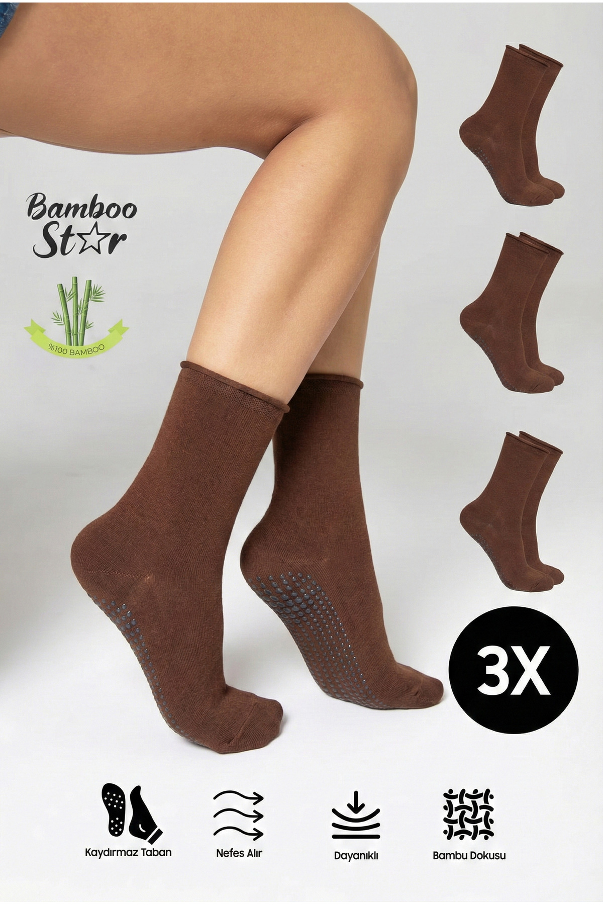 Bamboo Non-Slip Soles Silicone Printing Umrah Tawaf Umrah Maternity Yoga Brown Elastic Socks 3pcs