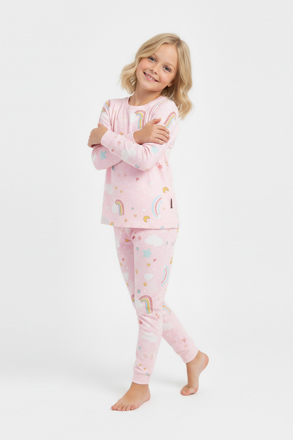 bunny hopp Gökkuşağı Desenli %100 Pamuklu Kız Çocuk Pijama Takımı - İnterlok Kumaş Takım fotoğrafı 2 (önizleme)