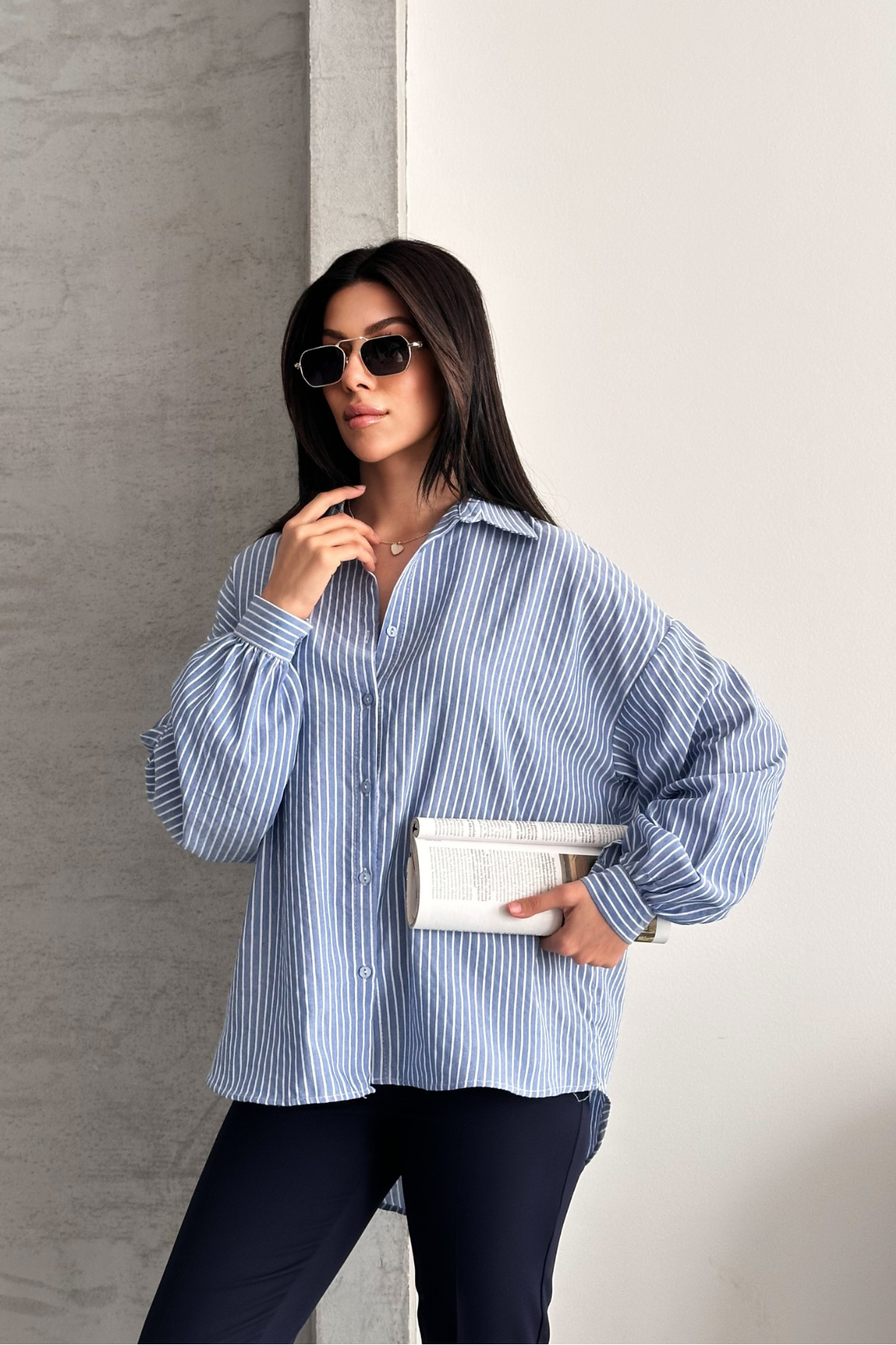 macharel jeans  Oversize Mavi Çizgili Gömlek - Görsel 5