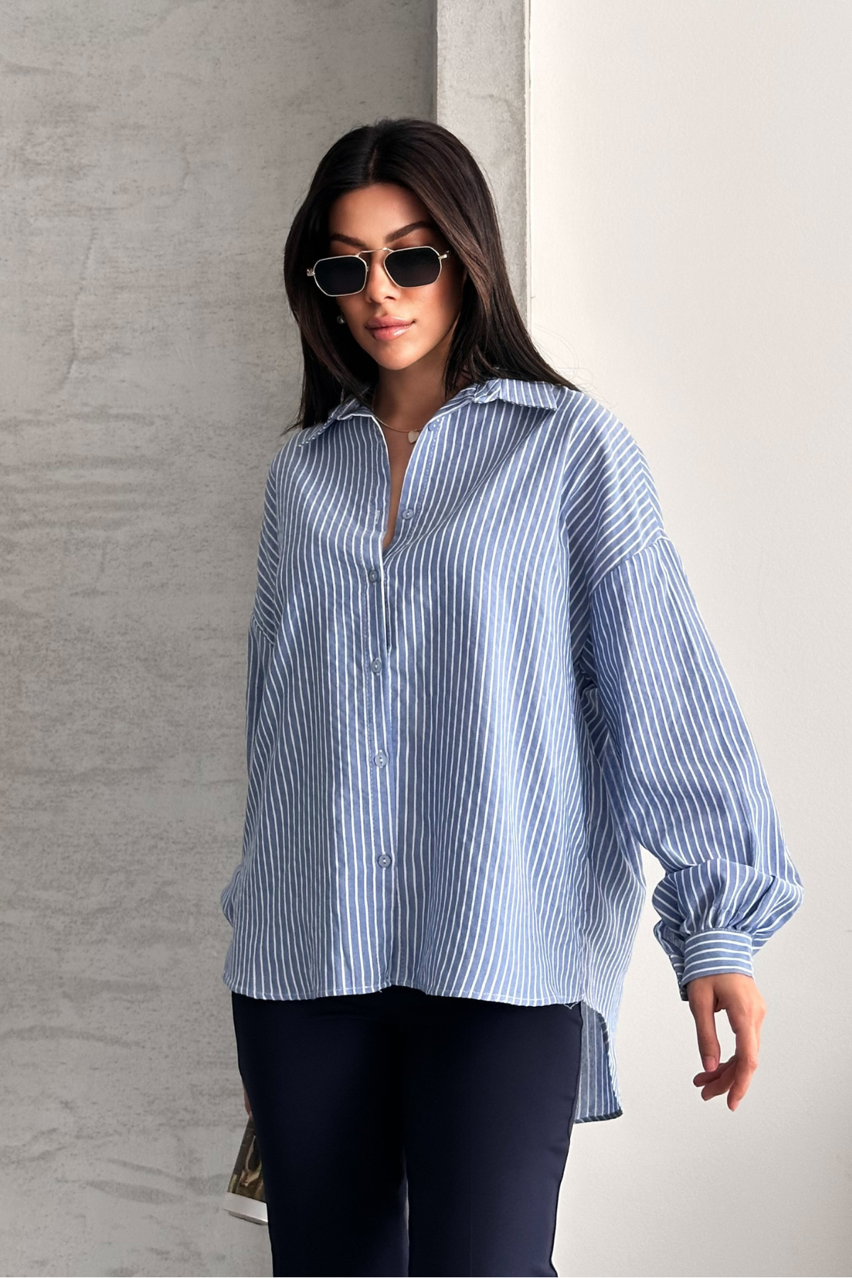 macharel jeans  Oversize Mavi Çizgili Gömlek - Görsel 4