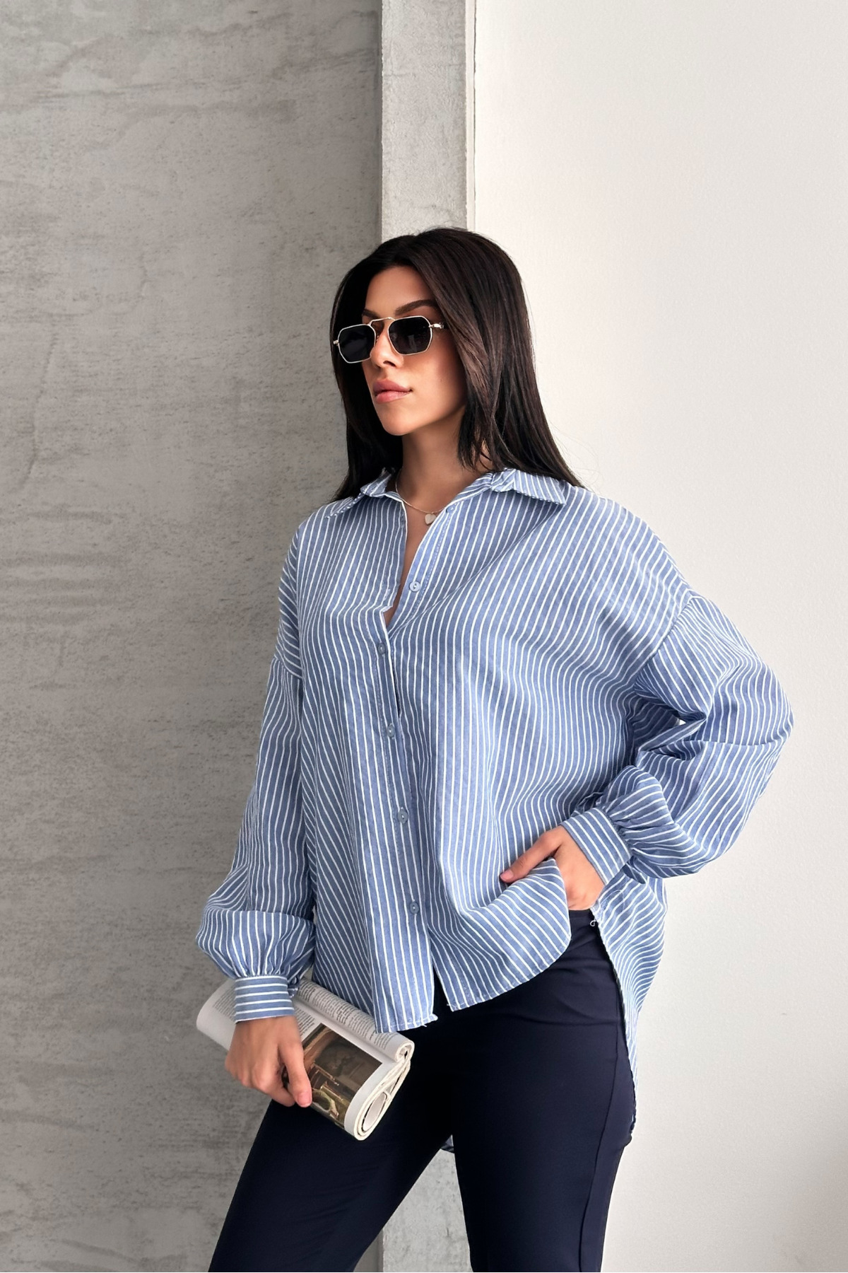 macharel jeans  Oversize Mavi Çizgili Gömlek - Görsel 3