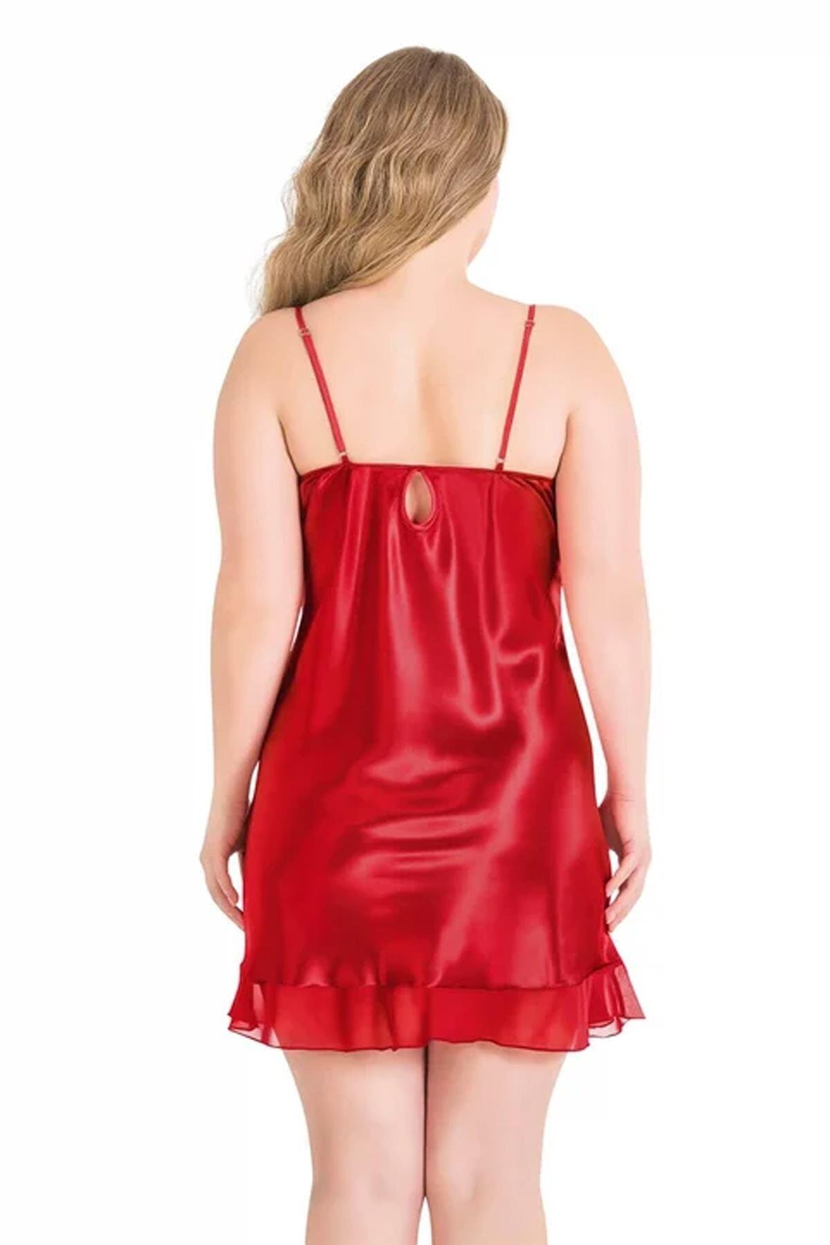 Primoda Kadın Saten Dantelli Tül Detay Cut Out Mini Gecelik | Kırmızı 2067