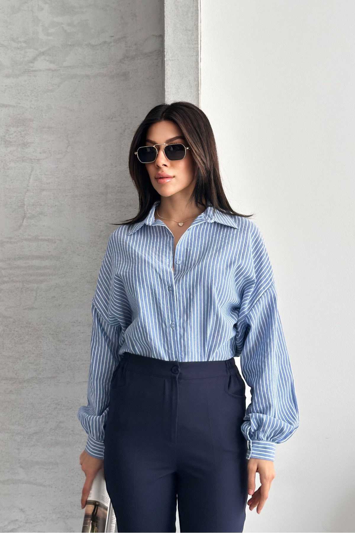 macharel jeans  Oversize Mavi Çizgili Gömlek - Görsel 9