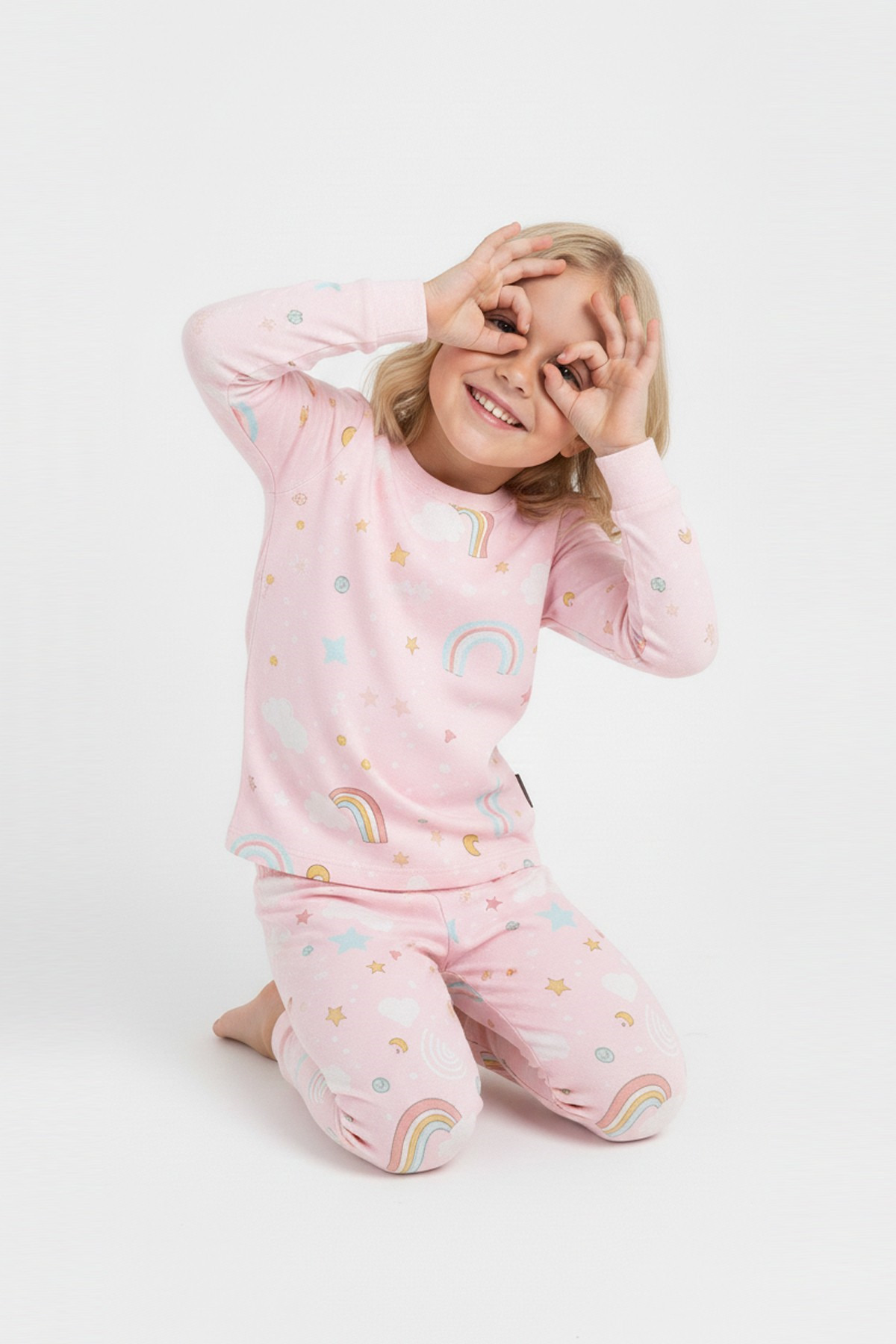 bunny hopp Gökkuşağı Desenli %100 Pamuklu Kız Çocuk Pijama Takımı - İnterlok Kumaş Takım fotoğrafı 4 (önizleme)