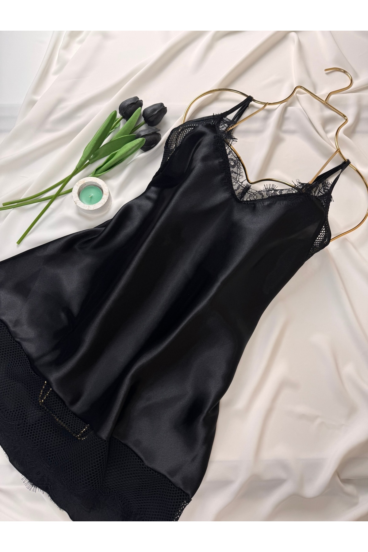 ROZENİN LINGERIE Saten Askılı Dantel Detaylı Yumuşak Dokulu Mini Elbise Gecelik