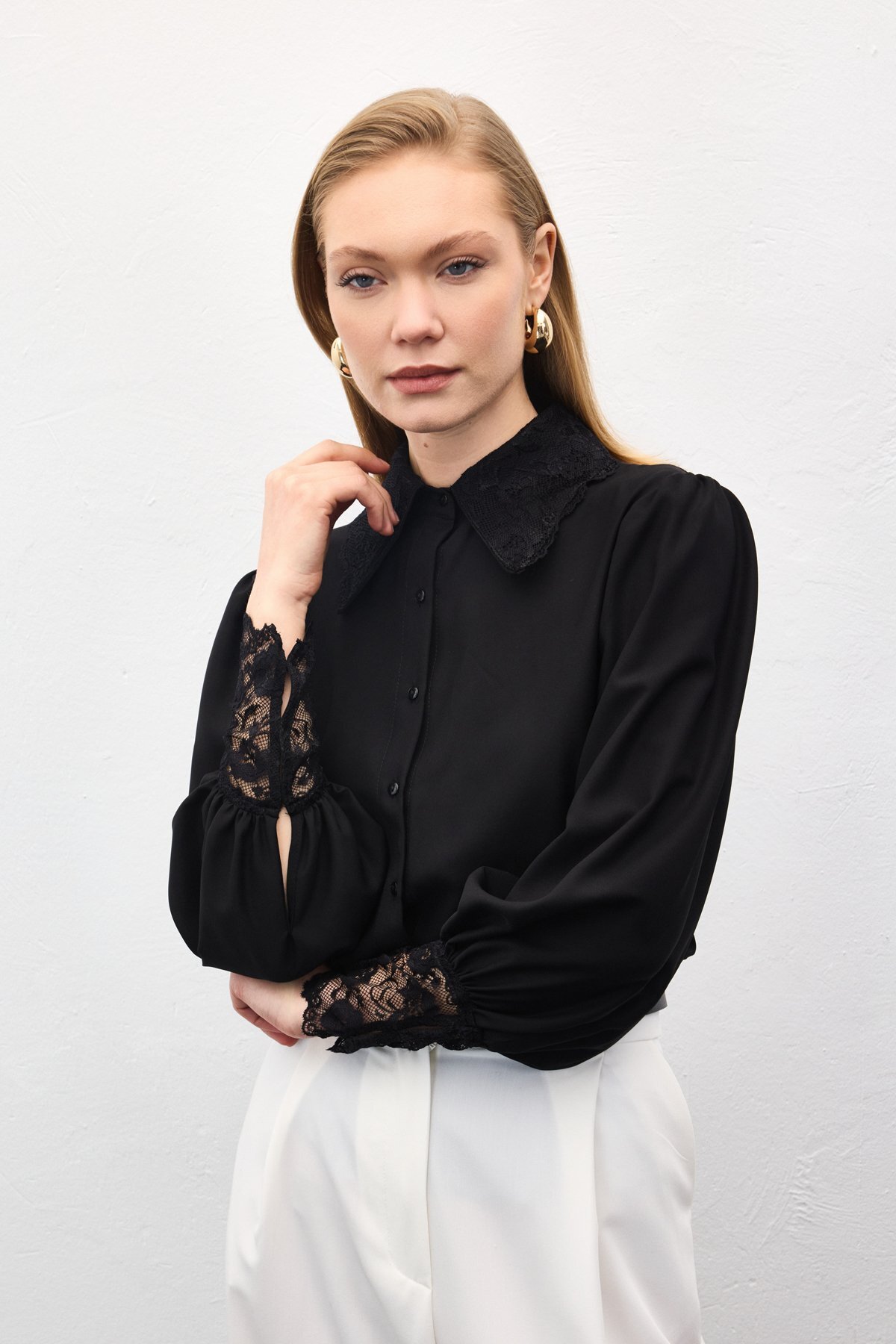 Sateen  Dantel Manşetli Gömlek - Siyah - Görsel 5