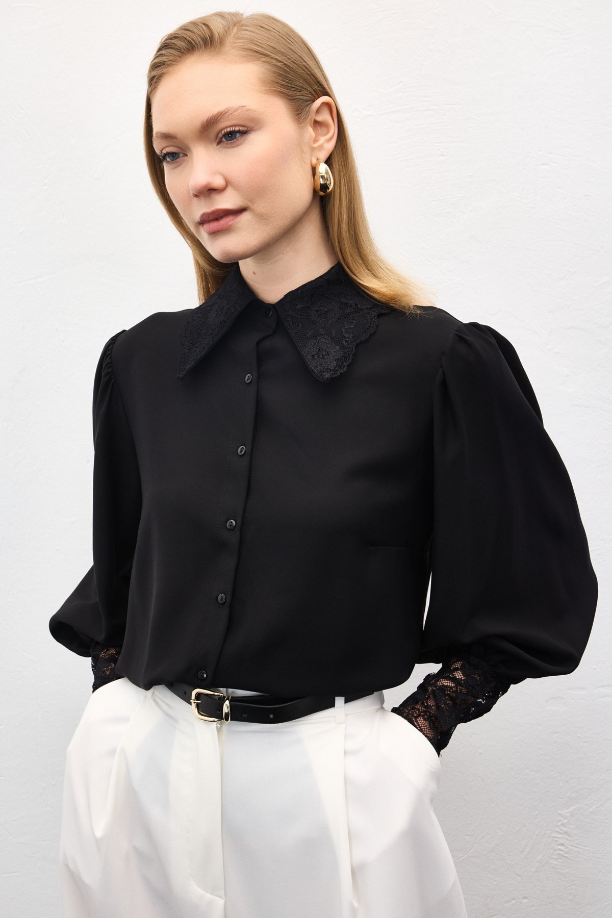 Sateen  Dantel Manşetli Gömlek - Siyah - Görsel 4