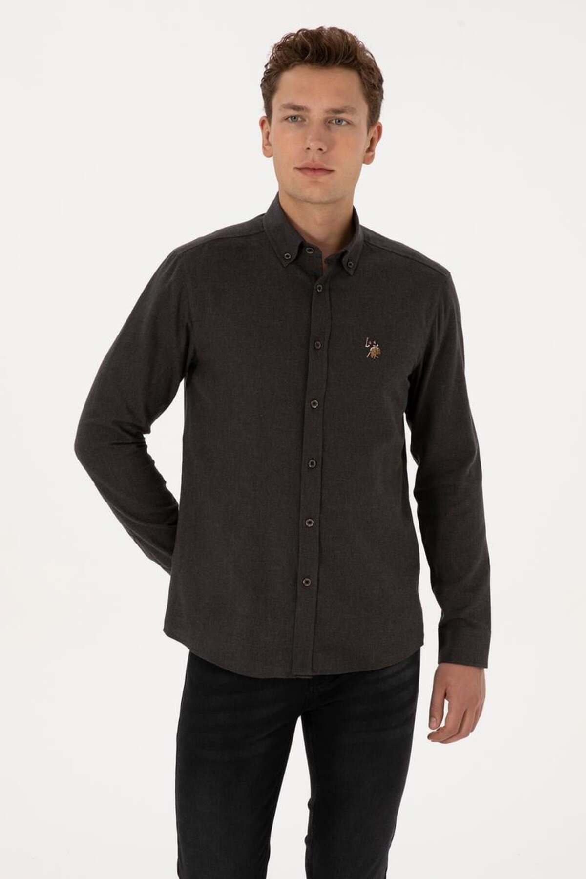 U.S. Polo Assn. DOKUMA KUMAŞ UZUN KOL GÖMLEK — مشکی 2225603