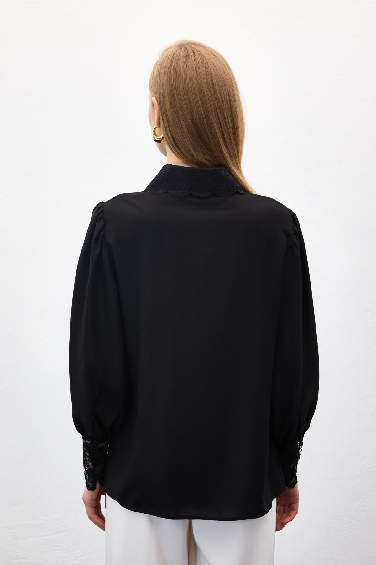 Sateen  Dantel Manşetli Gömlek - Siyah - Görsel 7