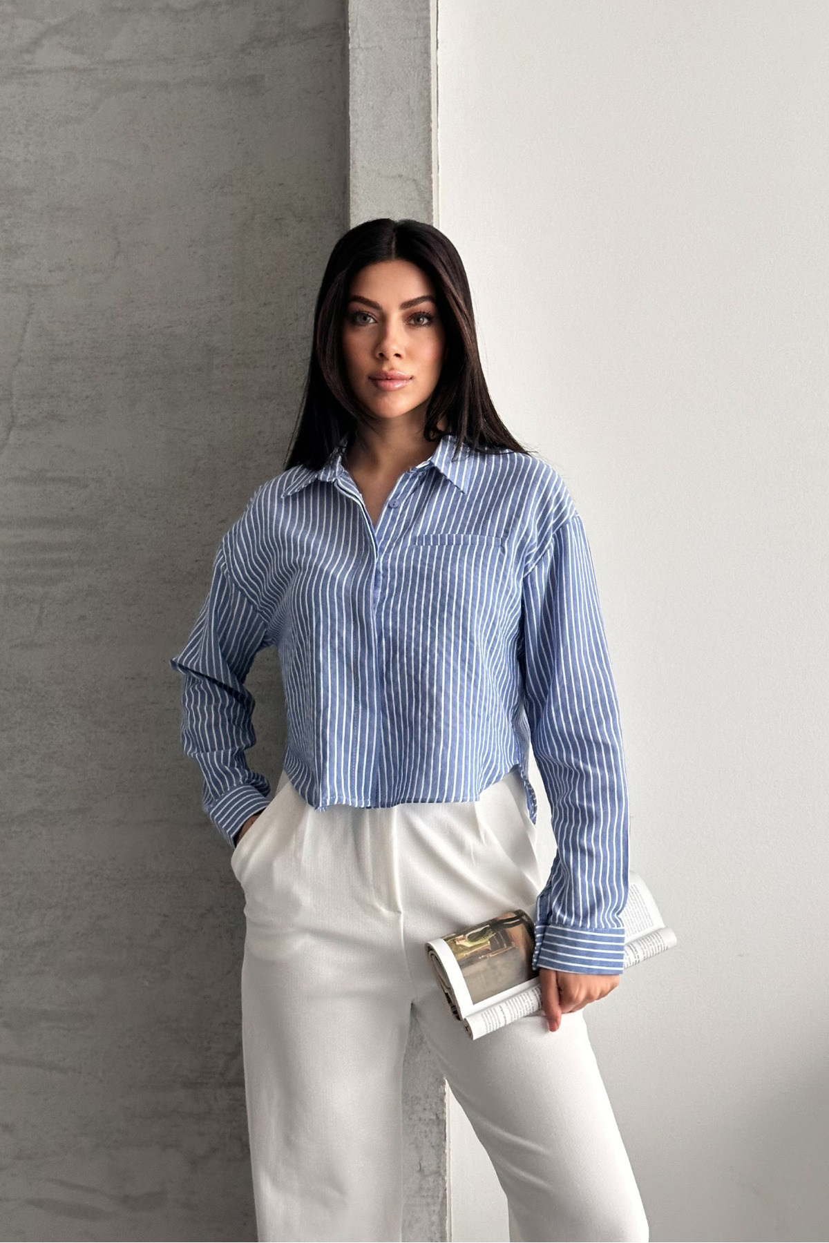 macharel jeans  Kadın Mavi Çizgili Crop Gömlek