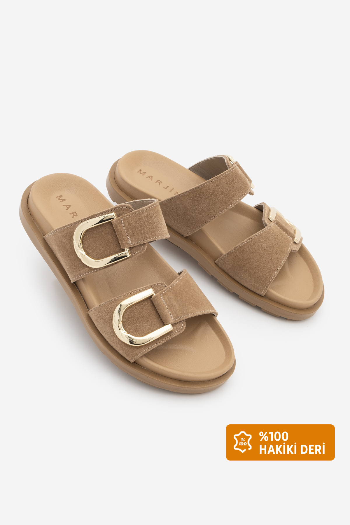 Women's Genuine Leather Gold Buckle Detailed Thick Sole Casual Slippers Merpe Camel Suede