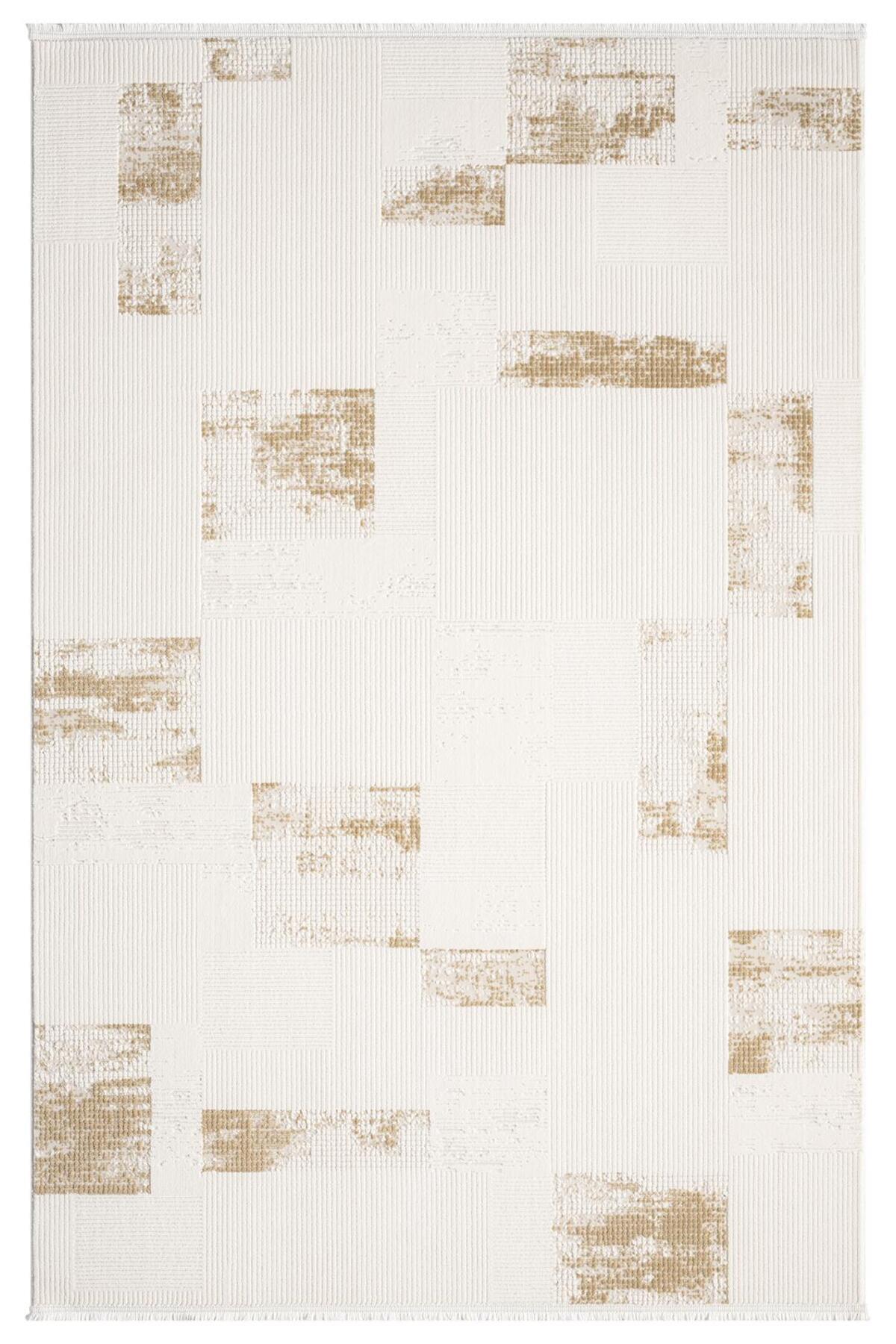 Trojan TV035s Cream Carpet Gold Geometric Detailed Acrylic Soft Modern Living Room Rug