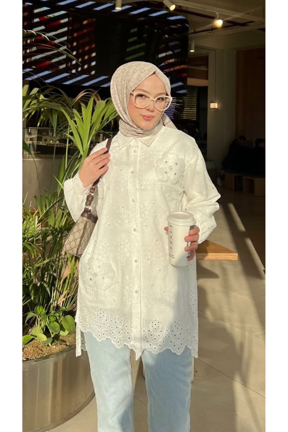 PİNK FLY  Nakışlı Dantelli Tesettür Tunik, Çiçek Desenli Boncuklu Scallop Tesettür Gömlek - Görsel 3