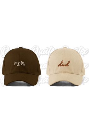 QUATEX Nakışlı Mom Dad Çift Şapka - Kahverengi ve Bej %100 Pamuk Gabardin Uni...