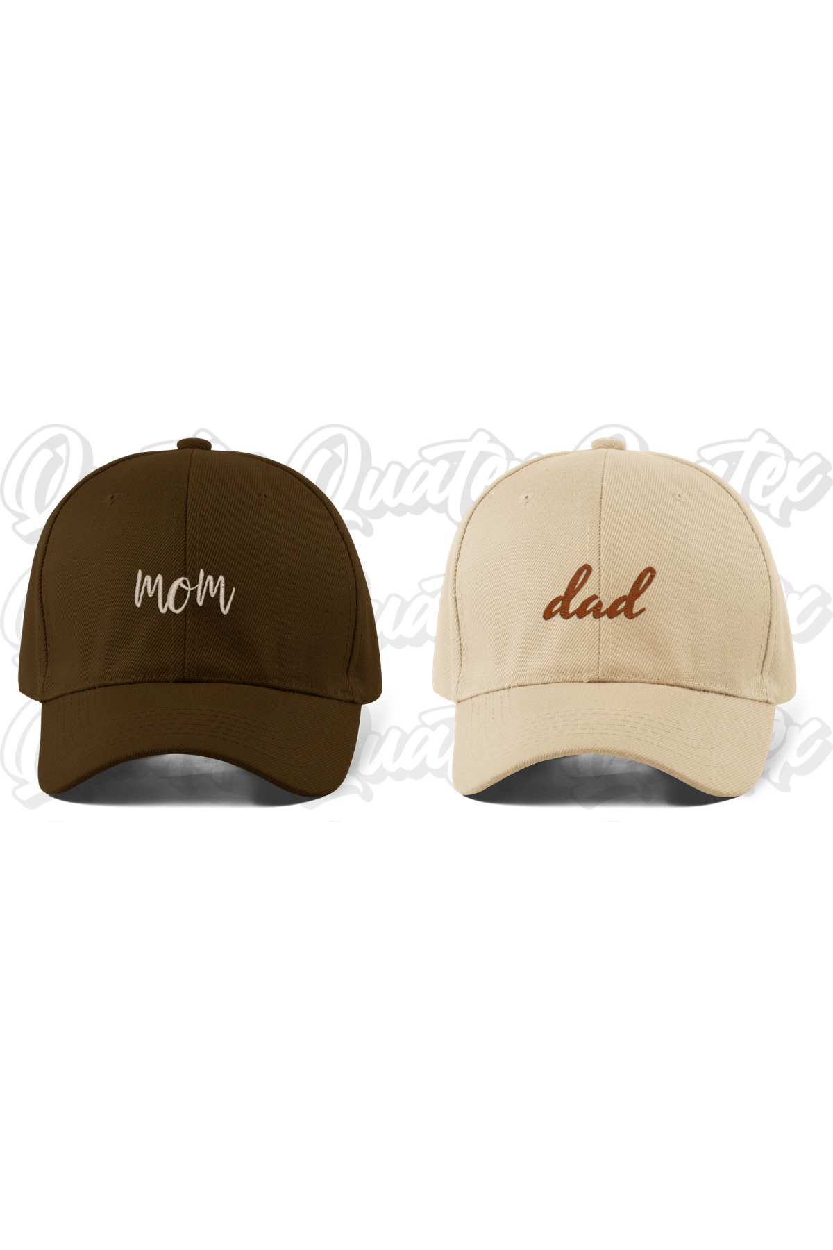 QUATEX Nakışlı Mom Dad Çift Şapka - Kahverengi ve Bej %100 Pamuk Gabardin Unisex Model Çift Şapkası