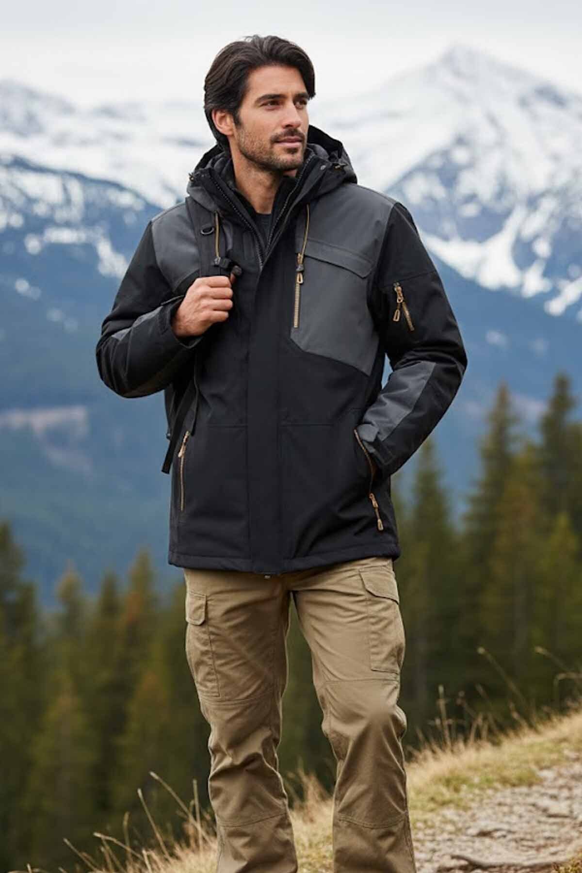 lumberjack Erkek Siyah Antrasit Outdoor Mont - Su Geçirmez Kapüşonlu Kışlık Ceket — مشکی 101813276SIYAHVYNR