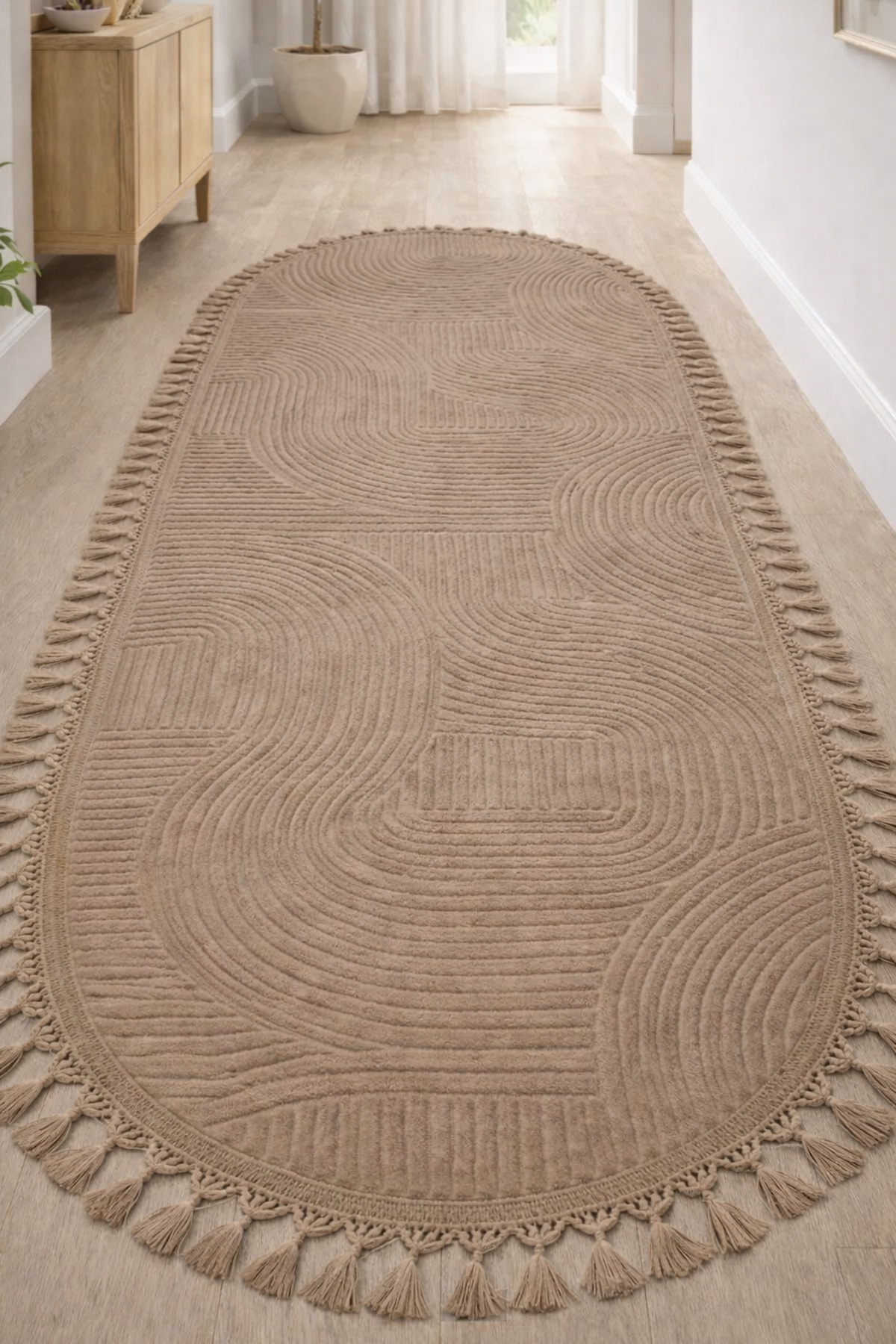 Relief Oval Knit Fringed Joy Anti-Slip Washable Living Room Kitchen Corridor Runner Carpet Rug MINK