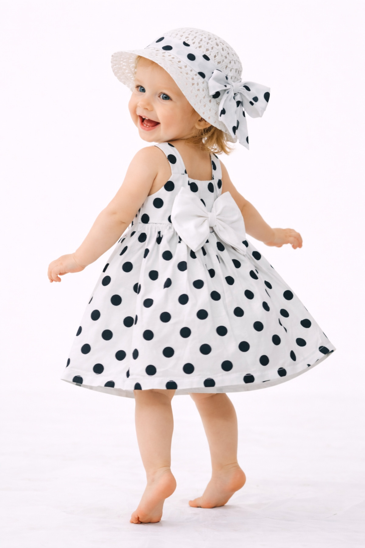 Chicsy Baby Tatlı Yazlık Kız Bebek Elbise Puantiye Desenli Şapkalı Elbise fotoğrafı 3 (önizleme)