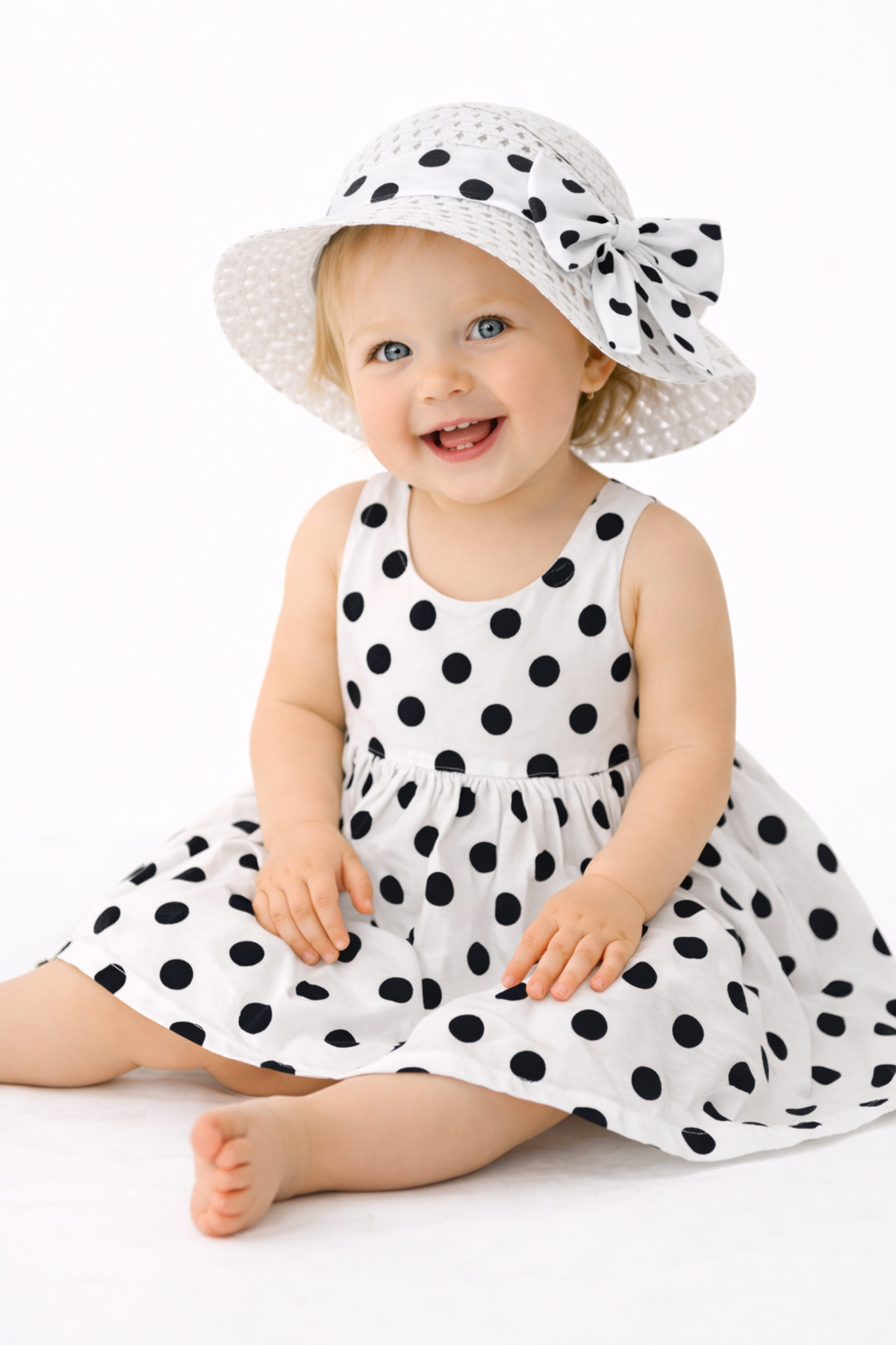 Chicsy Baby Tatlı Yazlık Kız Bebek Elbise Puantiye Desenli Şapkalı Elbise fotoğrafı 7 (önizleme)