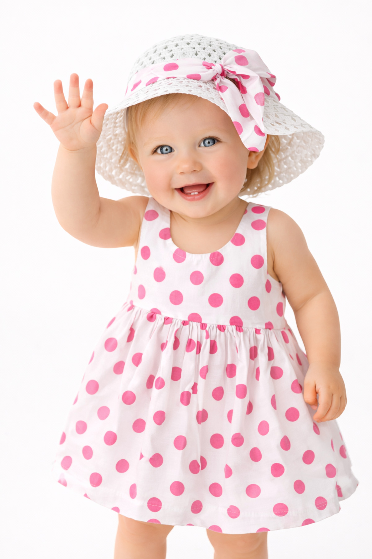 Chicsy Baby Tatlı Yazlık Kız Bebek Elbise Puantiye Desenli Şapkalı Elbise fotoğrafı 6 (önizleme)