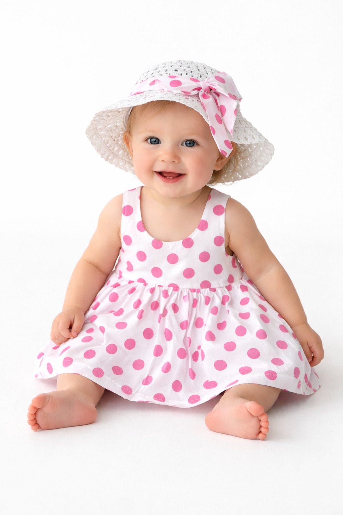 Chicsy Baby Tatlı Yazlık Kız Bebek Elbise Puantiye Desenli Şapkalı Elbise fotoğrafı 3 (önizleme)