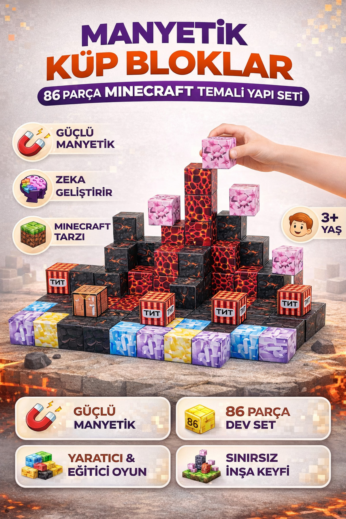 YILDIRIM OYUNCAK Manyetik Küp Bloklar 86 Parça Minecraft Temalı