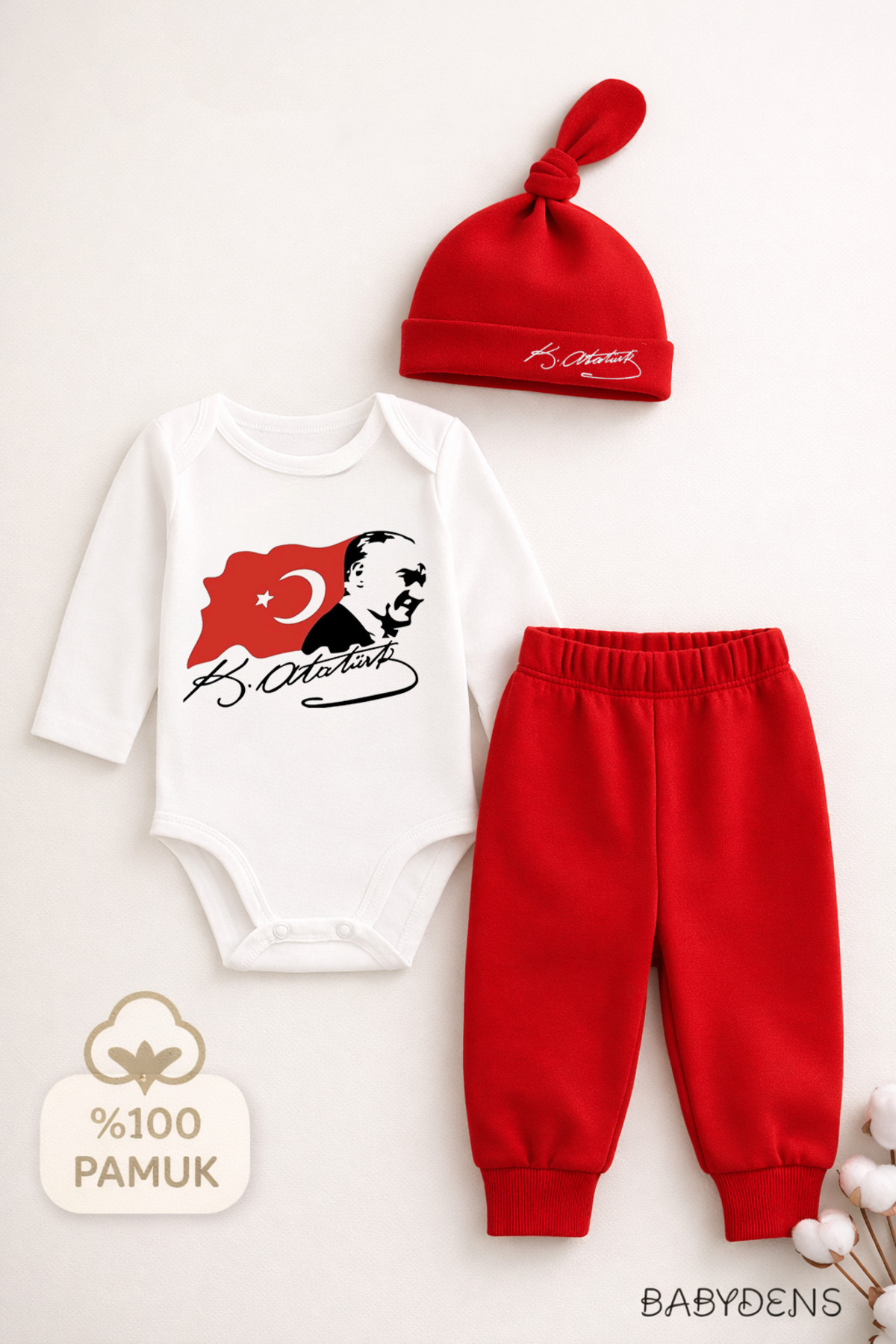 BABYDEN'S Atatürk Baskılı 3’lü Bebek Takımı %100 Pamuk Uzun Kollu Çıtçıtlı Body Pantolon Şapka Yenidoğan Seti fotoğrafı 5 (önizleme)
