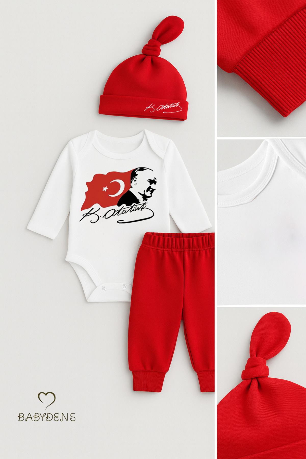 BABYDEN'S Atatürk Baskılı 3’lü Bebek Takımı %100 Pamuk Uzun Kollu Çıtçıtlı Body Pantolon Şapka Yenidoğan Seti fotoğrafı 4 (önizleme)