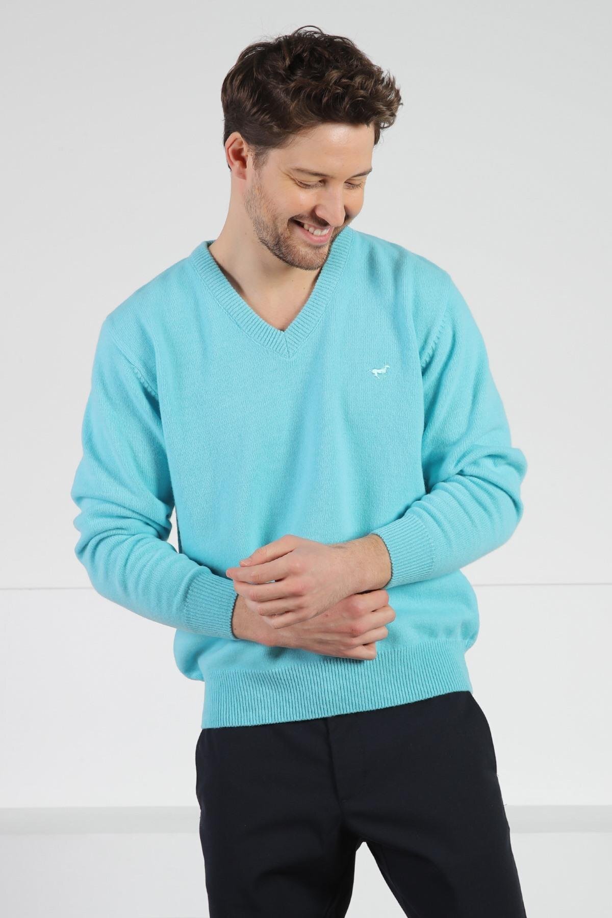 Ferraro  Turkuaz V Yaka Erkek Uzun Kollu %100 Kuzu Yünü Triko Kazak