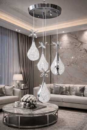 AURA LIGHTING Krom Armut Model 4'lü Sarkıt 3 Renk LED Modern Salon Avizesi (B...