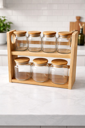 Düzen Ev Ahşap Standlı Cam Baharatlık Seti Çoklu Kavanozlu