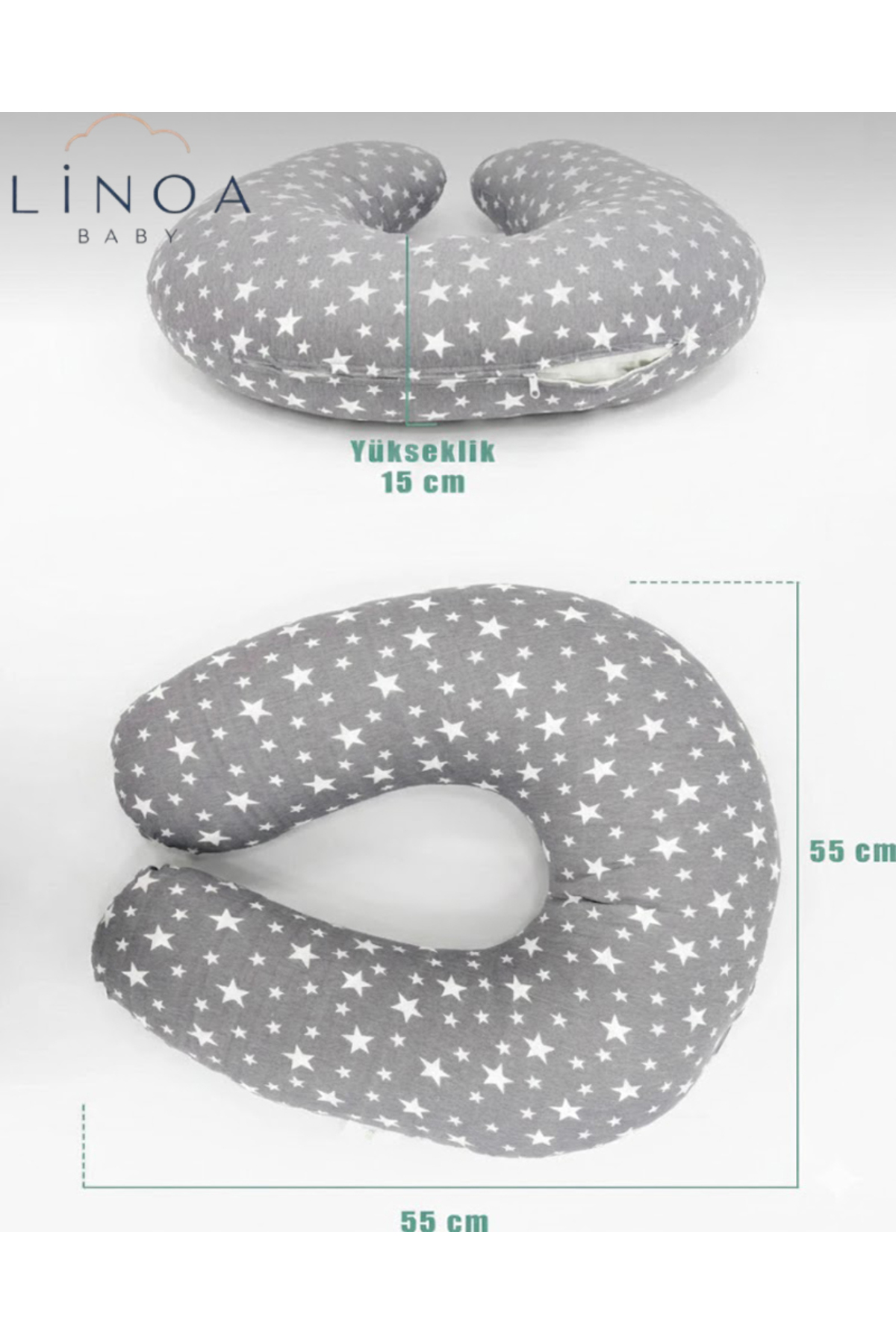 LinoaBaby Çift Taraflı Emzirme Yastığı /bebek Destek Minderi, Hamile Yastığı, Pamuklu Kumaş Gri Yıldız fotoğrafı 3 (önizleme)