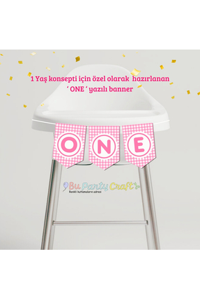 BuParty Craft ONE Yazılı Pembe Banner 1 Yaş Kutlaması için Asılabilir Doğum G...