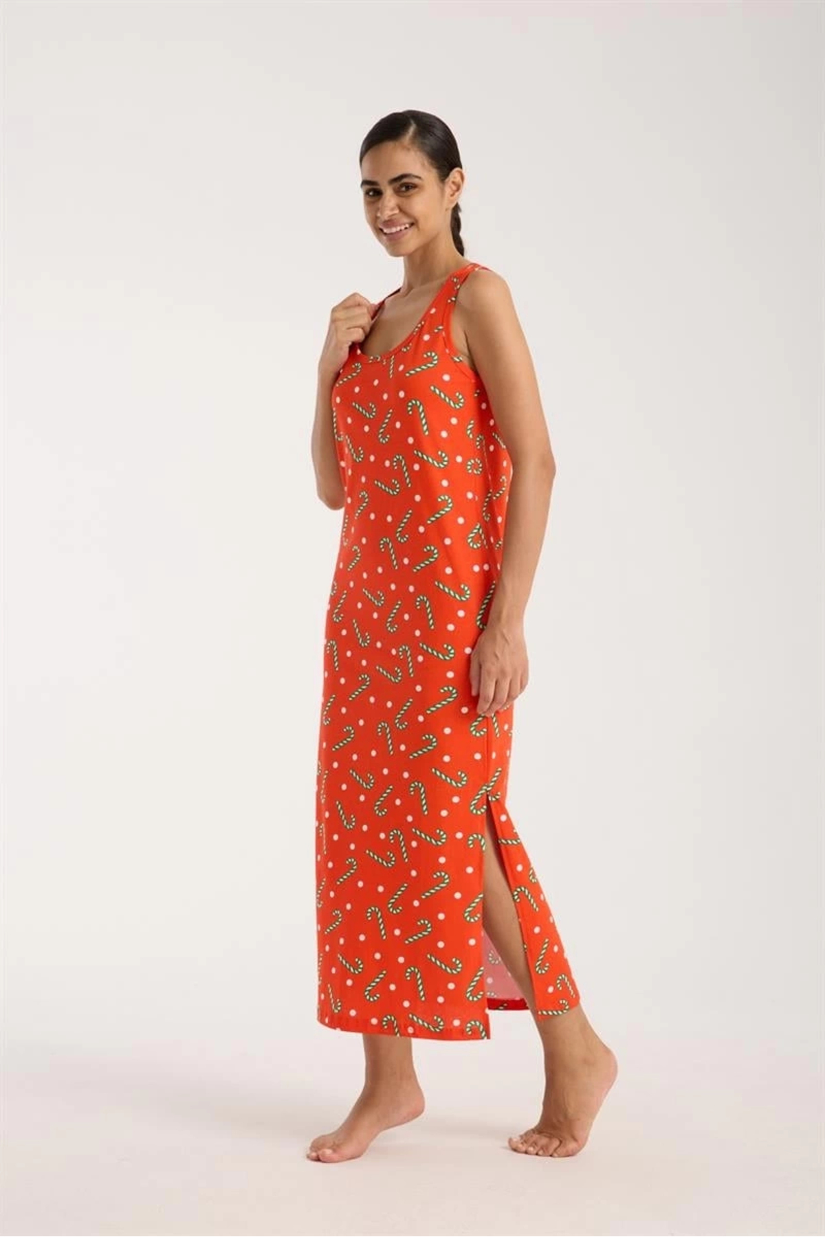 AsilSepet Kadın Kalın Askılı Yırtmaçlı Uzun Turuncu Gecelik