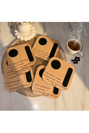 Simidil Design Dostluk Temalı 6’lı Ahşap Kahve Altlığı Sunum Tabağı Seti - Ka...