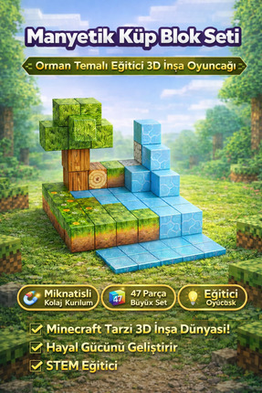 YILDIRIM OYUNCAK 47 Parça Minecraft Temalı Manyetik Küp Blok Seti | Orman Tem...