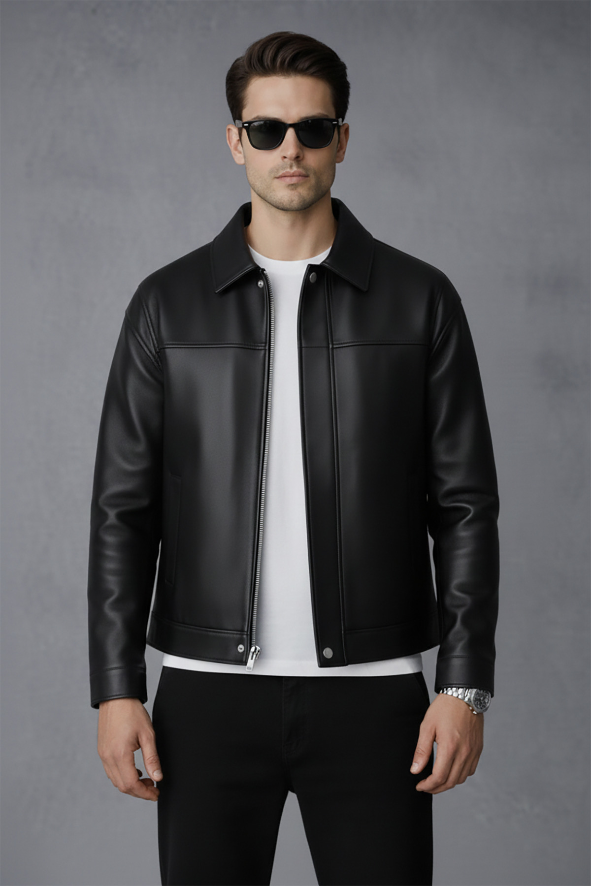 Bossago  Erkek Siyah Slim Fit Fermuarlı Deri Ceket - Premium Yumuşak Dokulu - Görsel 2