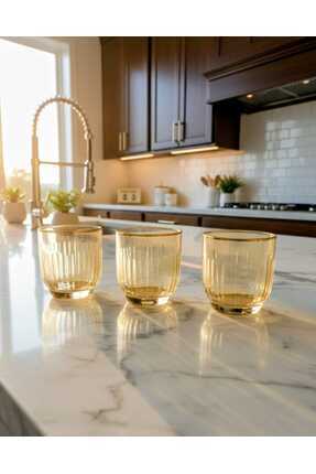 Kristella Vintage Seri Çizgili Gold Detaylı 3'lü Bardak Seti - Şık Sunum Bard...