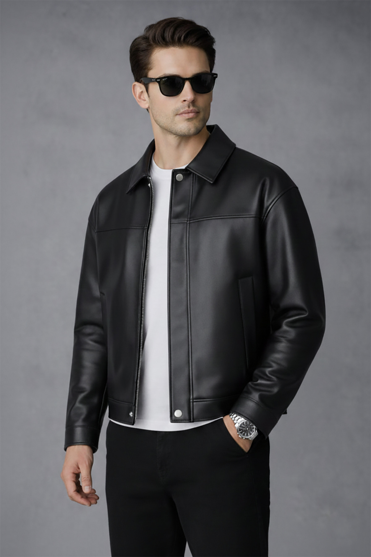 Bossago  Erkek Siyah Slim Fit Fermuarlı Deri Ceket - Premium Yumuşak Dokulu