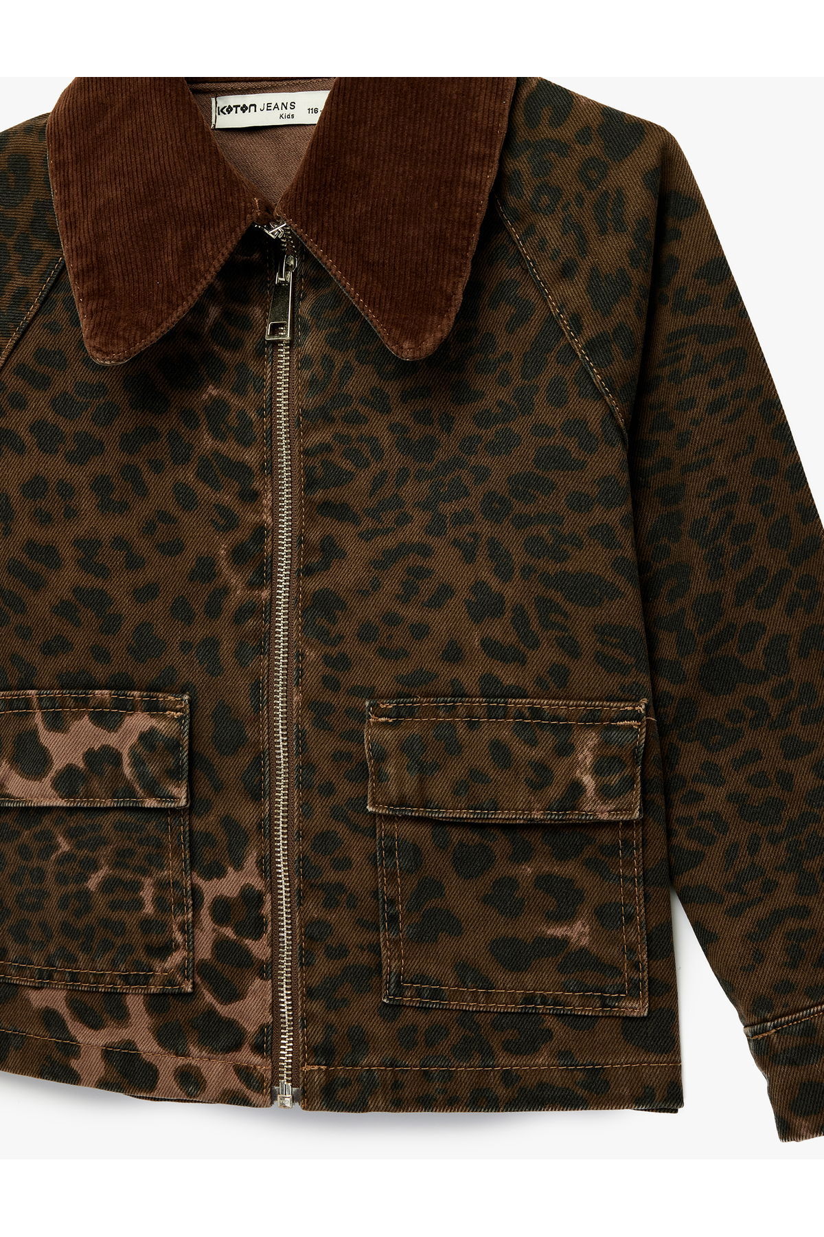 Koton  Pamuklu Uzun Kollu Oversize Kadife Polo Yaka Leopar Desenli Jean Ceket - Görsel 3