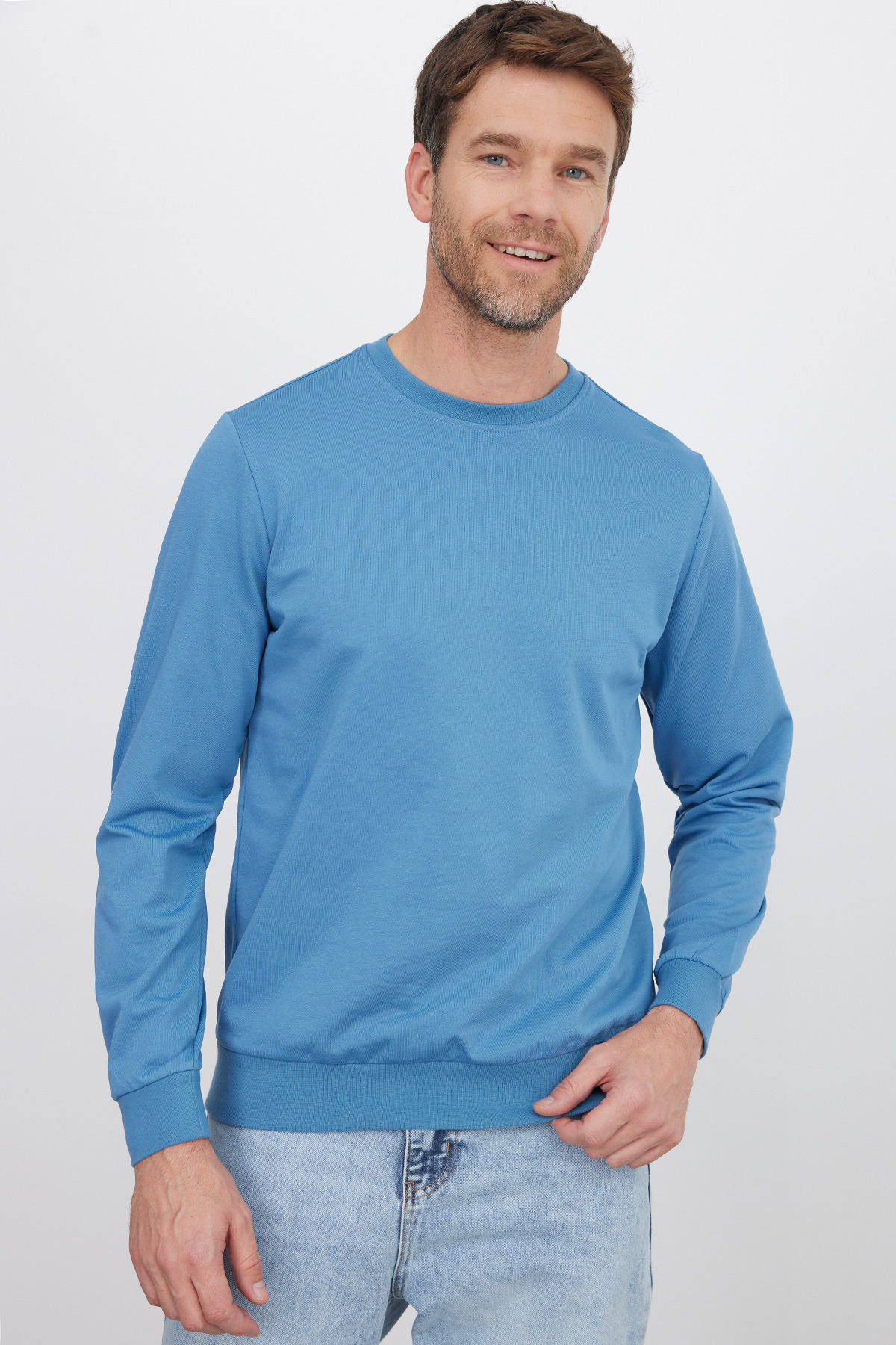 Tudors  Erkek 3'lü Füme-Mavi-Yeşil Relax Fit Rahat Kesim %100 Pamuk 2 İplik Bisiklet Yaka Sweatshirt - Görsel 3