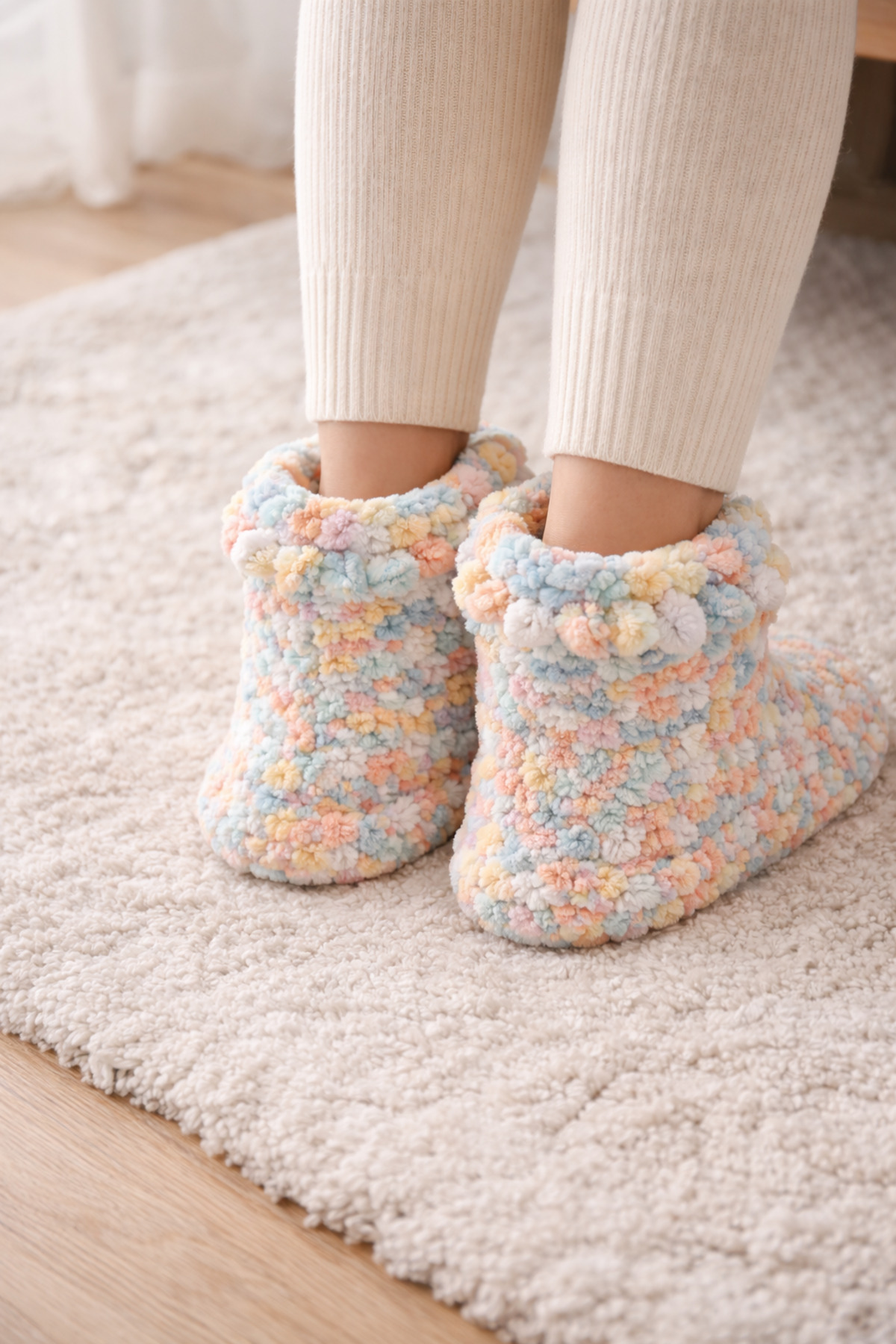 Berliva Home El Örgüsü Peluş Ev Botu, Renkli Yumuşak Ev Patiği, Kaydırmaz Tabanlı Kışlık Ev Terliği görsel 2