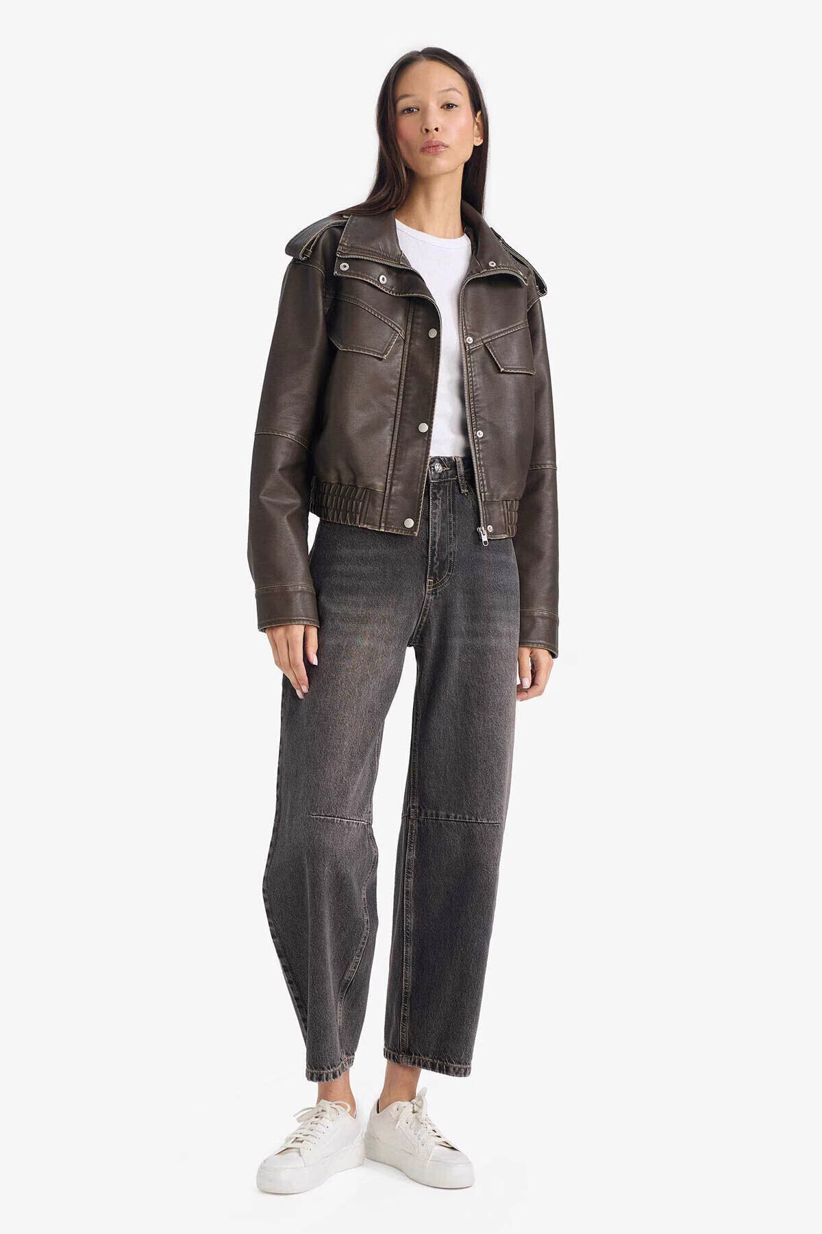 Defacto  Relax Fit Suni Deri Haki Kadın Mont G0667AX/KH405 - Görsel 3