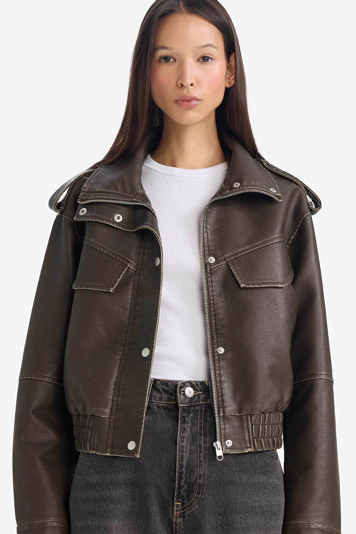 Defacto  Relax Fit Suni Deri Haki Kadın Mont G0667AX/KH405 - Görsel 2