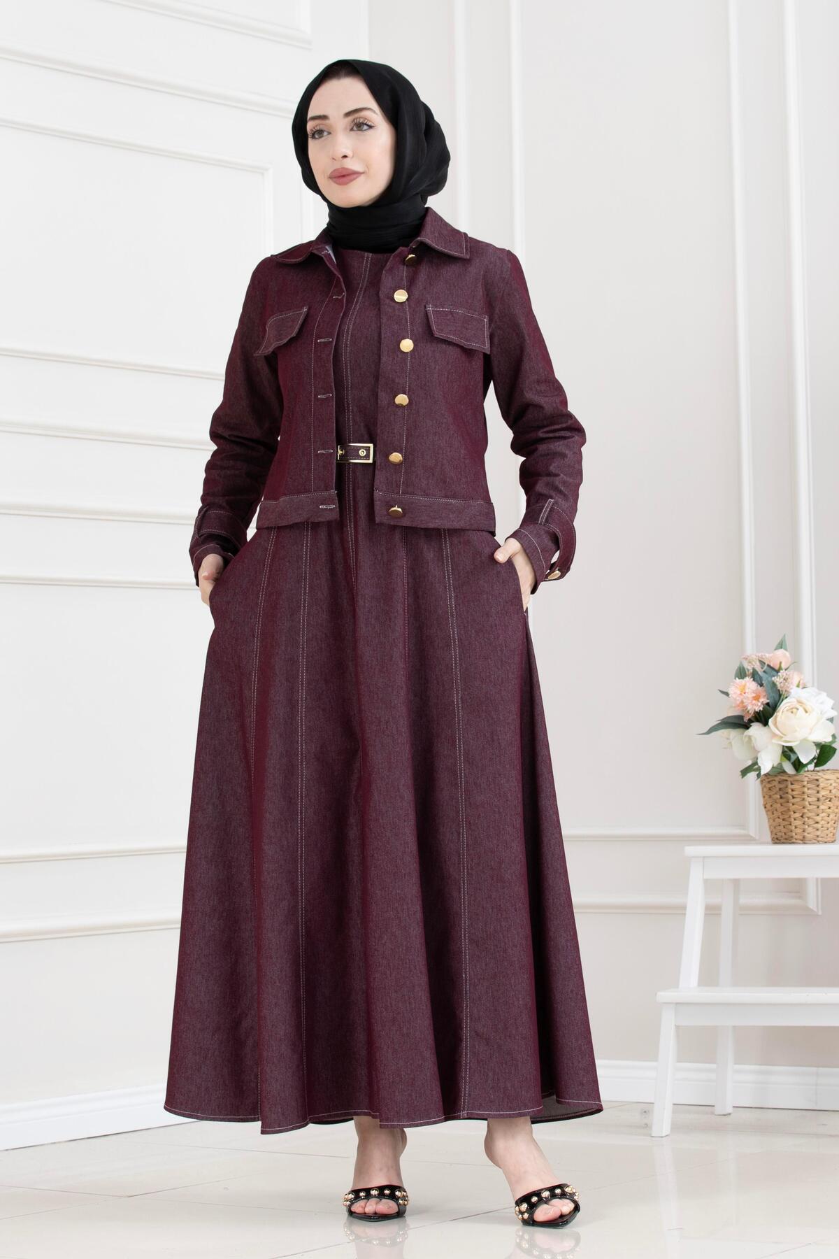 Sevitli Denim Gilet with Sleeve Patches Double Set-Bordo